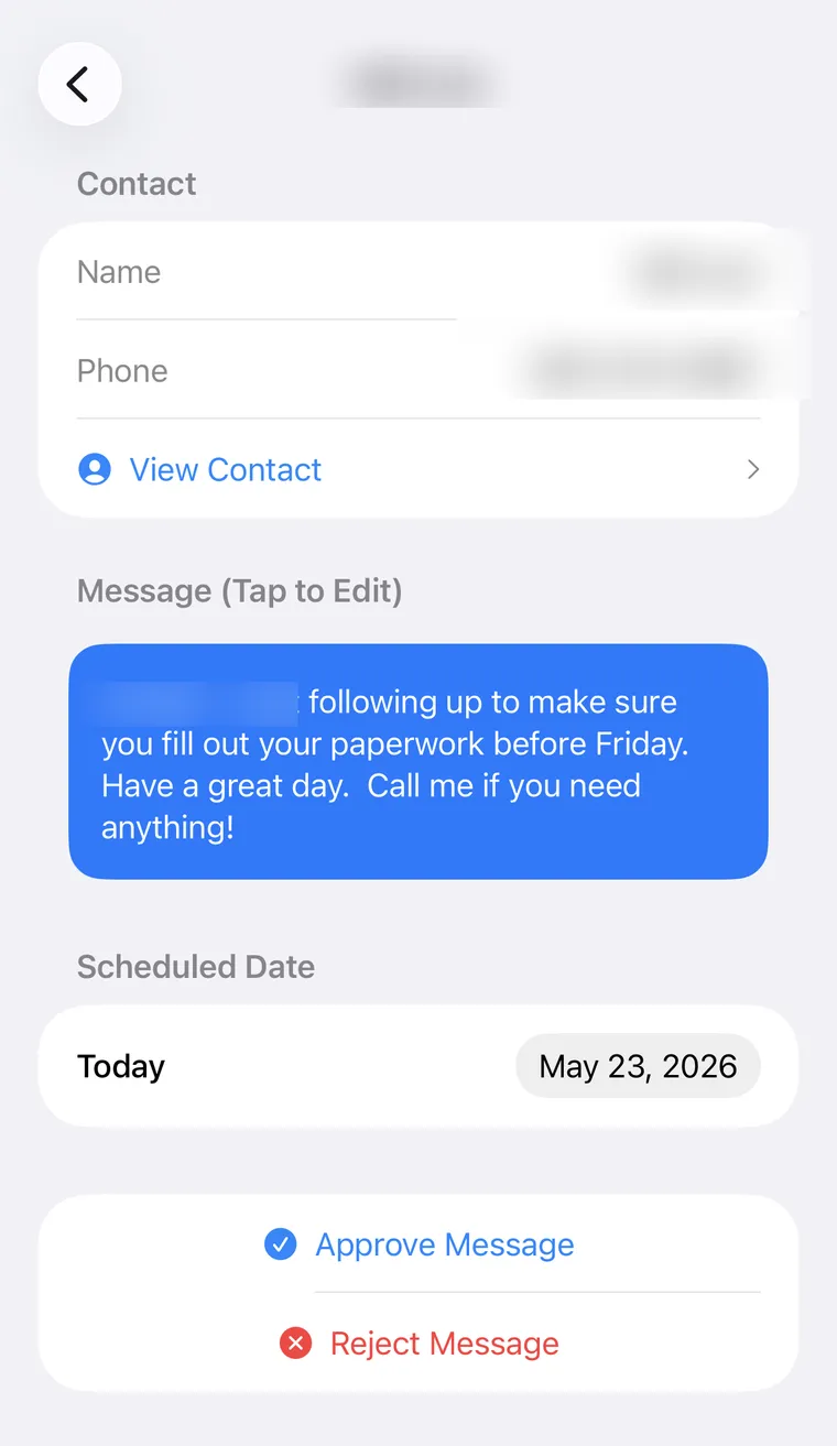 Taverity for iPhone — Review-first approval screen showing a scheduled message with Approve Message and Reject Message buttons. The recipient's name and phone number are blurred for privacy.
