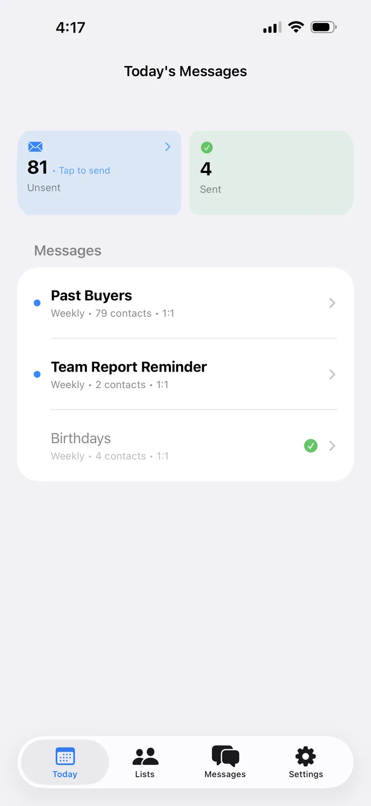 Taverity for iPhone — Today's Messages screen showing 81 unsent and 4 sent, with weekly campaigns for Past Buyers, Team Report Reminder, and Birthdays